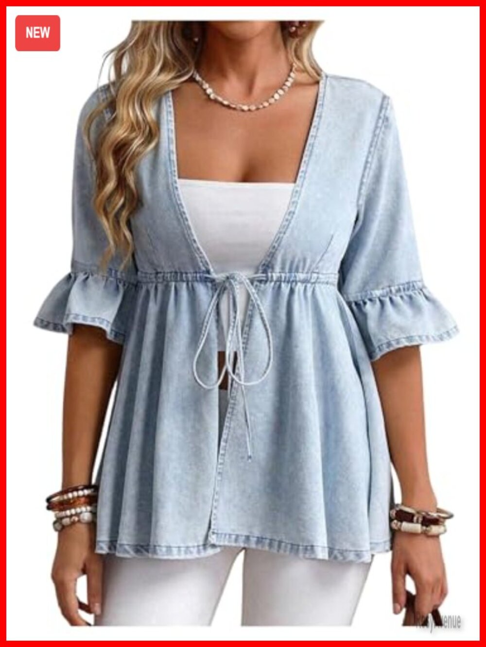 Plus Size Peplum Denim Jacket Deep V Neck Half Sleeve Self Tie Front Women's